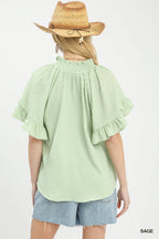 Umgee Textured Ruffle Sleeve Blouse