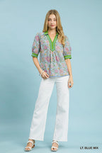 Umgee Mix Floral Puff Sleeve Blouse with Contrast Trim