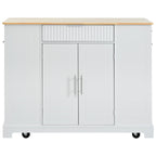 K&K Fluted Kitchen Island with Trash Can Storage Cabinet, Power Outlet, Internal Storage Rack, Rolling Kitchen Islands on 5 Wheels with 3 Drawer, 3 Open Side Racks for 10 Gallon Garbage Bin, White