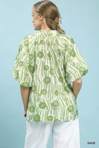 Umgee Floral Scalloped Edge Puff Sleeve Blouse with High-Low Curved Hem