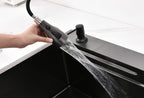 Waterfall Kitchen Sink, Stainless Steel Single Bowl in Black, Multifunctional Workstation with Flying-rain Faucet and Cutting Board, 30×18″ Stainless Steel Single Bowl Sink, LS-SSBL05