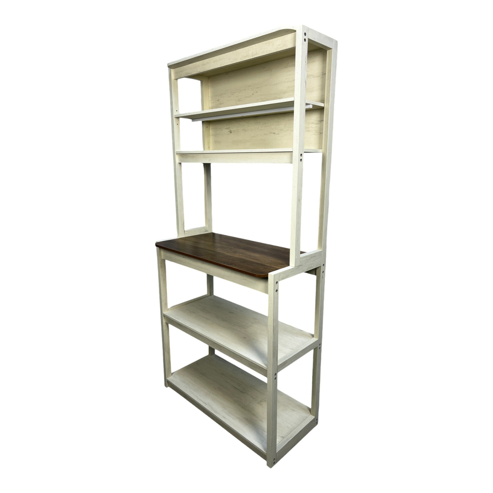 31.50' White and Rustic Brown color 5-Tier Bakers Rack for Kitchen with Storage, Coffee Bar, Kitchen Shelves, Microwave Stand