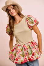 BiBi Floral Printed Bubble Sleeves and Hem Peplum Top