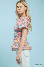 Umgee Mix Floral Smocked Waist Blouse