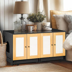 Modern Black Double Litter Box Enclosure with Rattan Doors for Two Cats, 47' L x 19.8' W x 21.8' H
