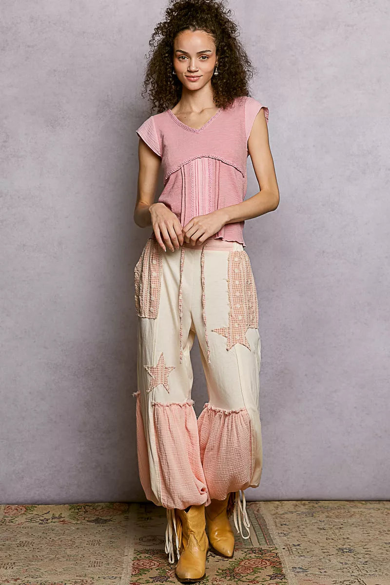 POL V-Neck Lightweight Textured Short Sleeve Knit Top with Lace Trim