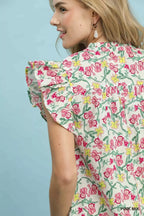 Umgee Floral Print Ruffle  Cap Sleeve Shirt