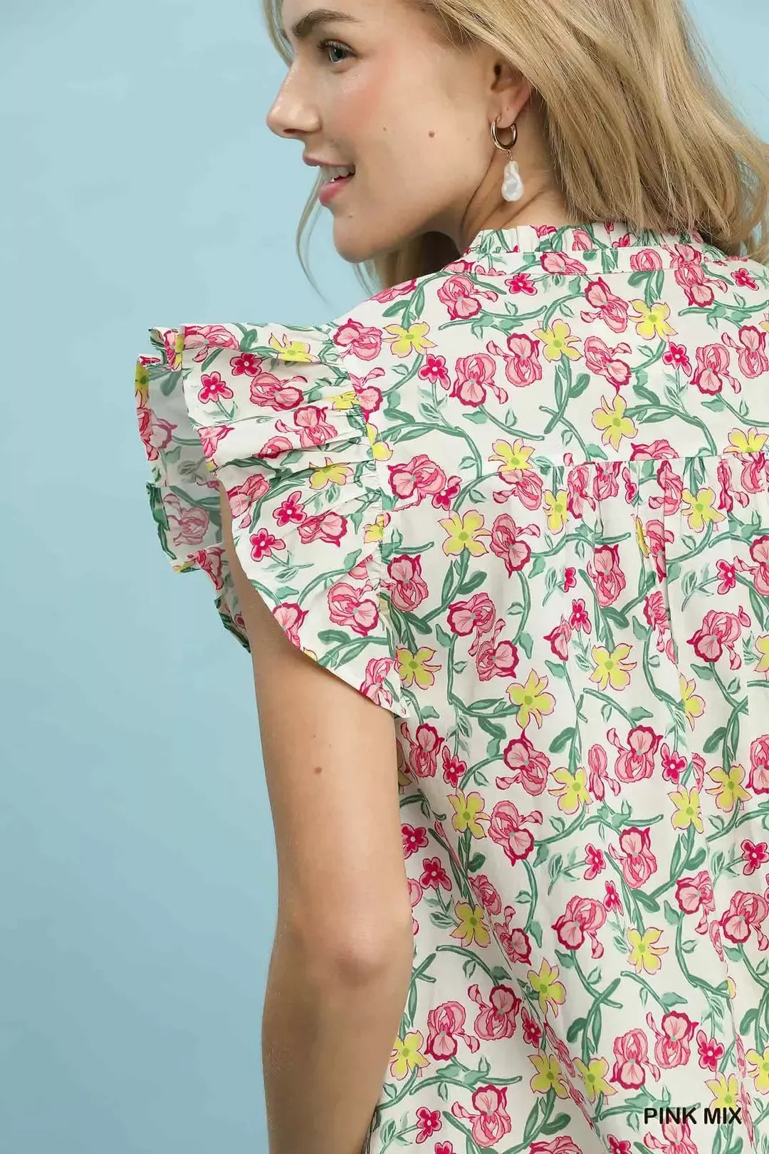 Umgee Floral Print Ruffle Cap Sleeve Shirt