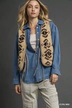 Umgee Mix Patterned Sherpa Tie-Front Vest