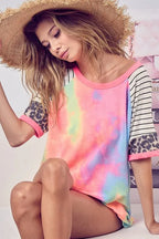 BiBi Tie Dye French Terry Top With Stripe Raglan