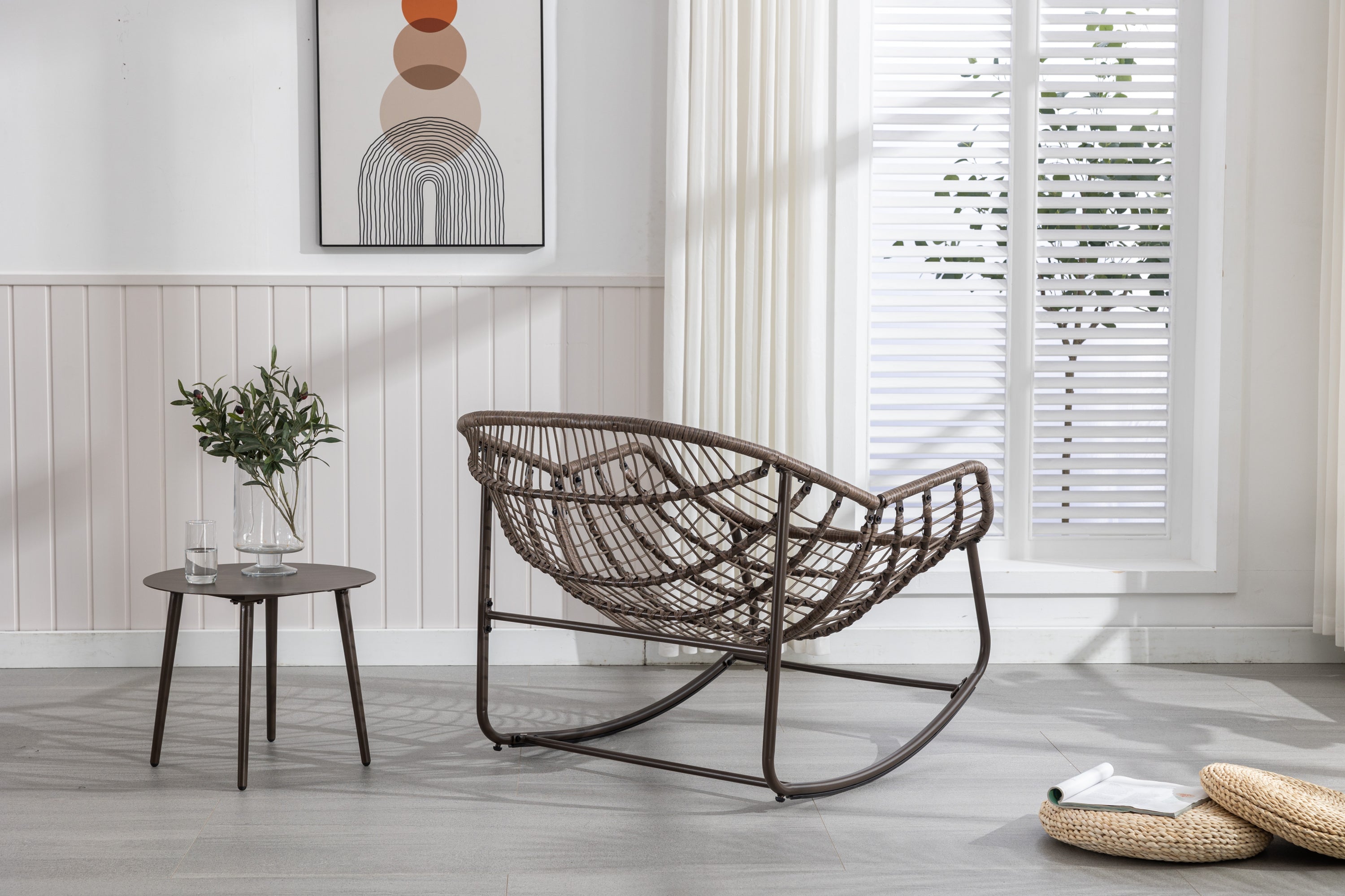 Outdoor Rattan Rocking Chair,Padded Cushion Rocker Recliner Chair Outdoor for Front Porch, Living Room, Patio, Garden, 
White
