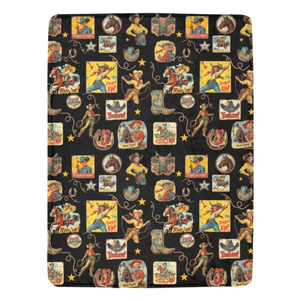 Vintage Cowgirl Collage Micro Fleece Throw Blanket 60" x 80" Made in America Baha Ranch Western Wear
