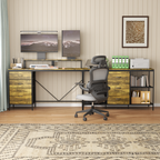 Industrial L-Shaped Computer Desk with Power Outlets & USB-C, Rustic Brown Metal Frame, 6 Fabric Drawers, 3 Open Shelves, Movable Monitor Stands, 114 Inch Corner Office Desk for Gaming and Work