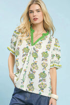Umgee Abstract Border Print V-Neck Top