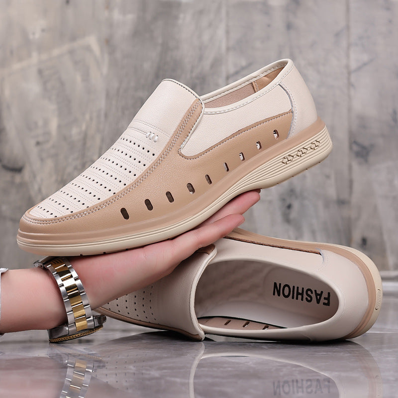 Men's Leather Shoes Casual Leather Shoes Hollow Soft Bottom Soft Leather Non-slip Middle-aged People's Shoes