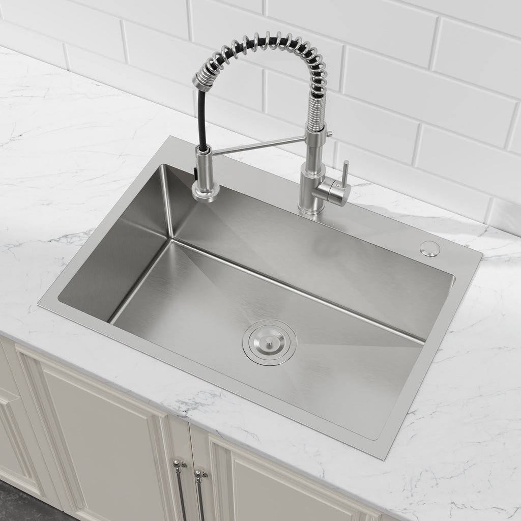Stainless Steel Kitchen Sink, 27″x19″ Single Bowl, Overmount Handmade Sink in Dark Gray, with US Standard Drain and Hook