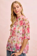 BiBi Floral Print Short Sleeves Boxy Mesh Top