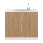 Salento Freestanding Sink, Double Door Cabinet, Two Shelves, White / Natural Oak