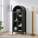 A high arched storage cabinet with a lamp, a modern retro-style wooden storage cabinet with adjustable glass partitions, suitable for use as a multi-functional cabinet in kitchens-Black