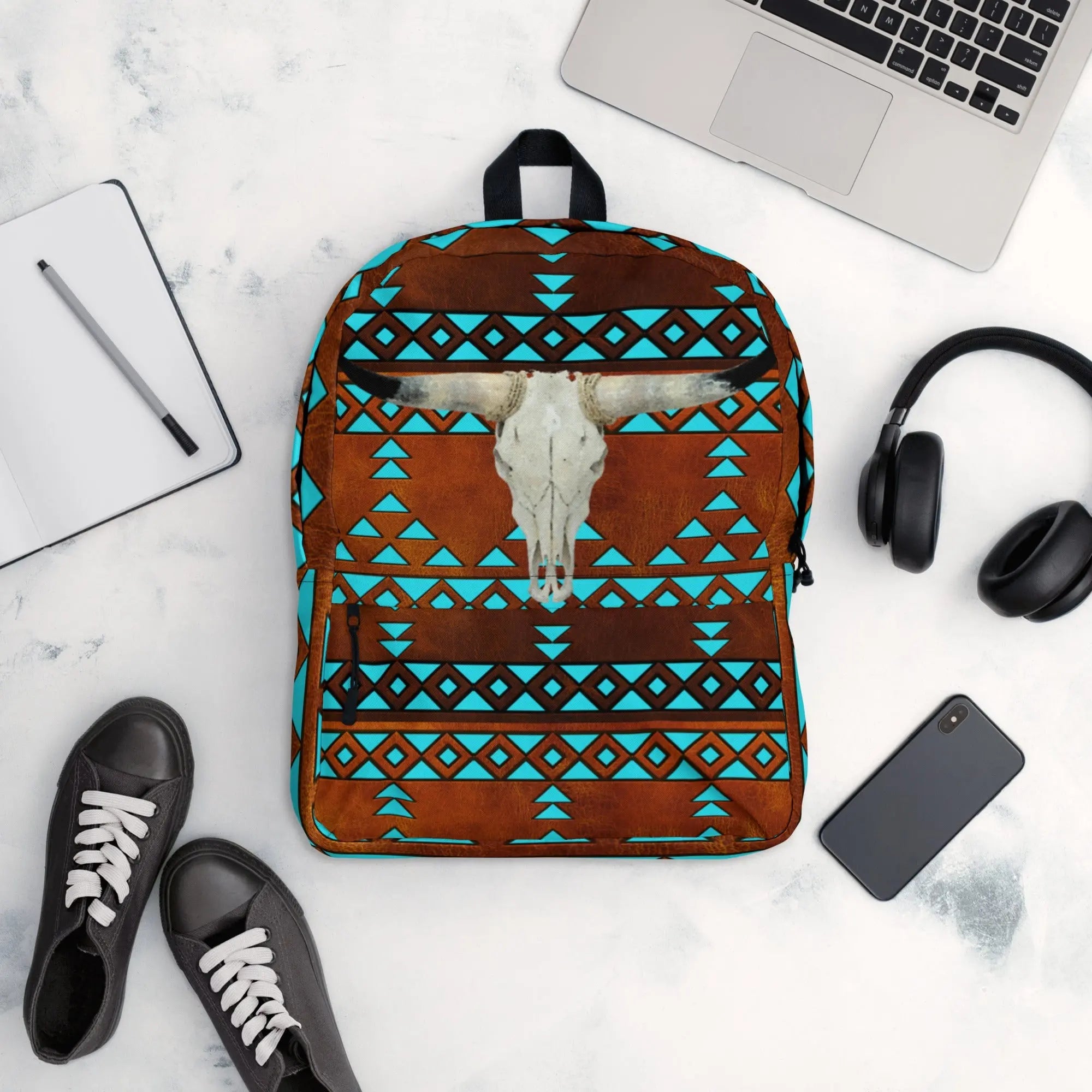 Turquoise Aztec Bull Skull Backpack Baha Ranch Western Wear