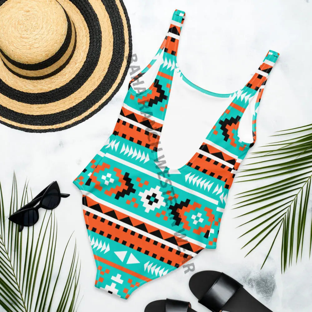 Baha Ranch Yeehaw Turquoise Orange Aztec One-Piece Swimsuit Baha Ranch Western Wear