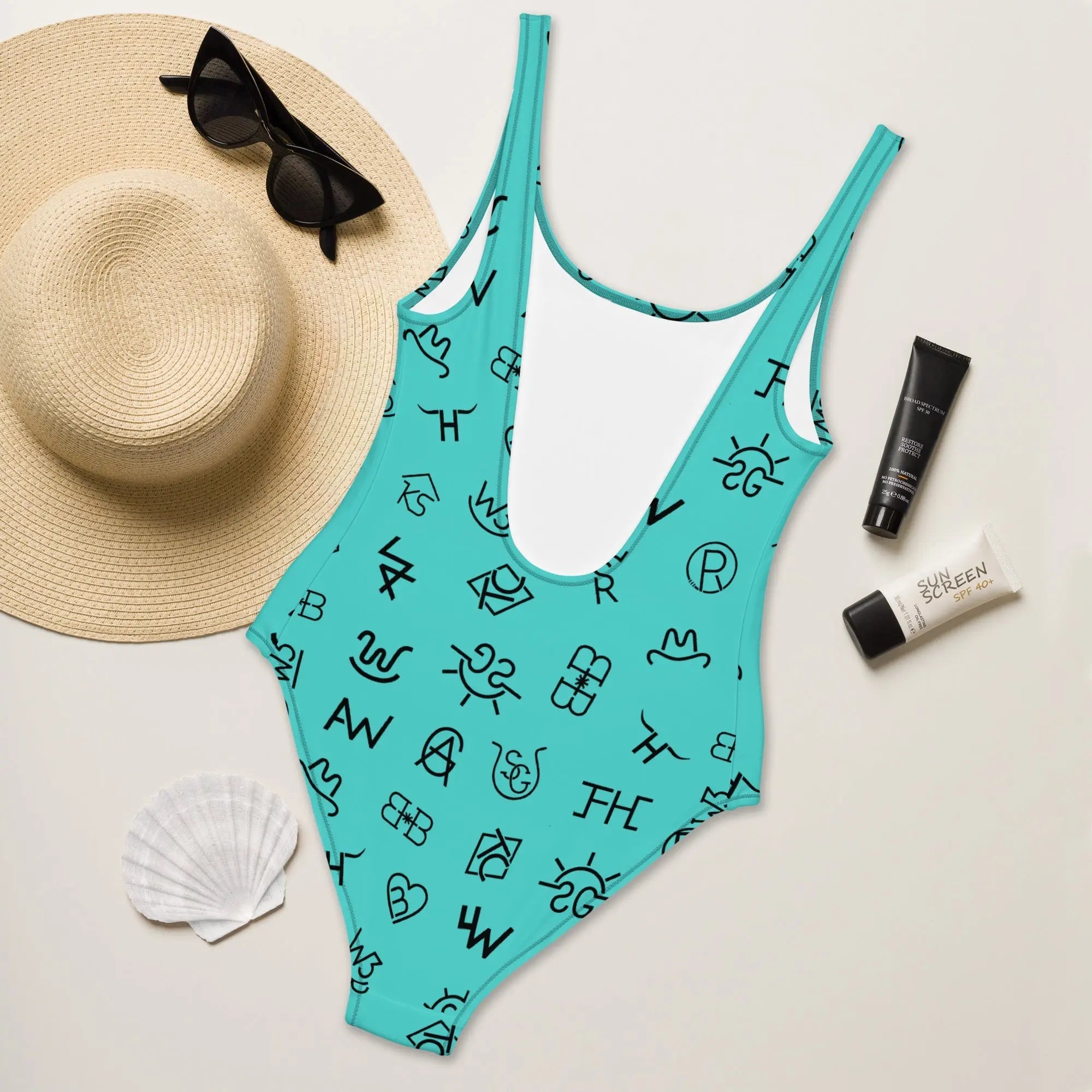 Baha Ranch Yeehaw Turquoise Cattle Brands One-Piece Swimsuit Baha Ranch Western Wear