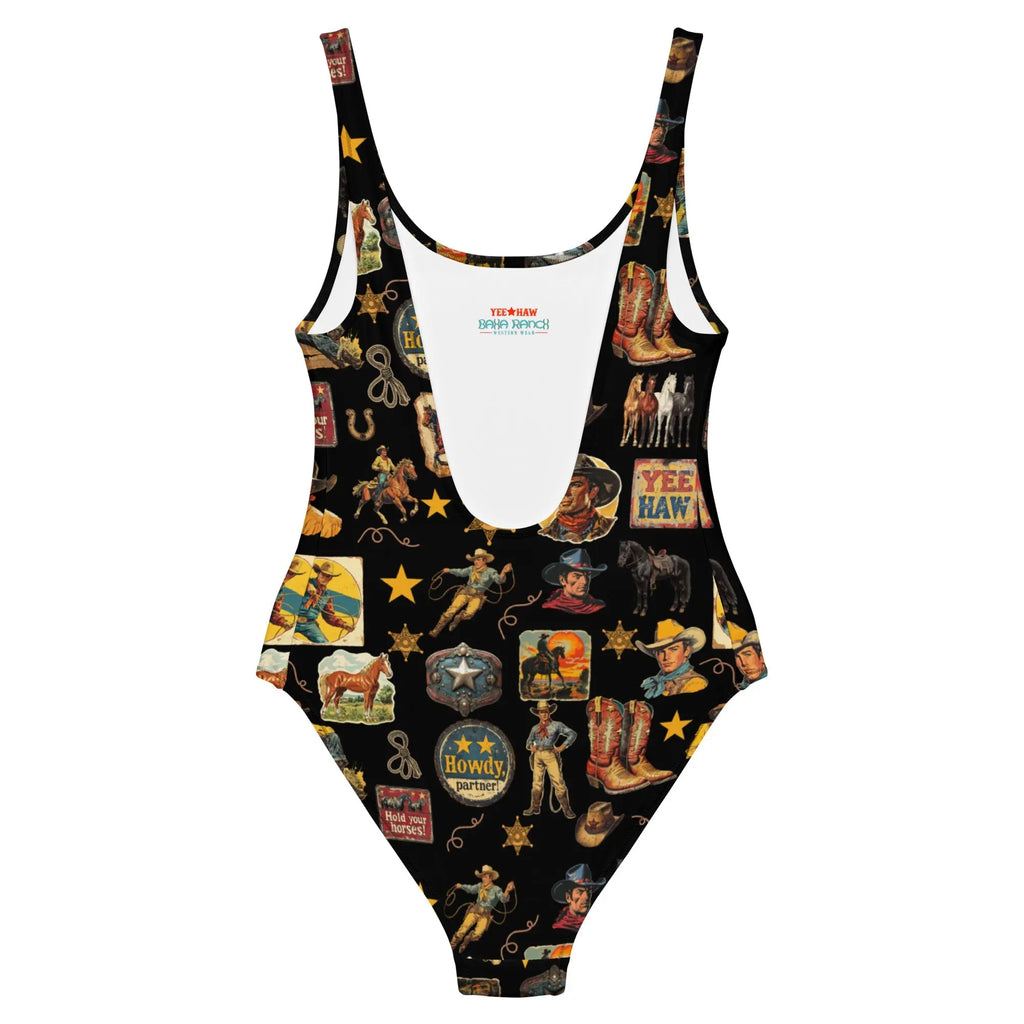 Baha Ranch Yeehaw Vintage Cowboy Collage Western One-Piece Swimsuit Baha Ranch Western Wear