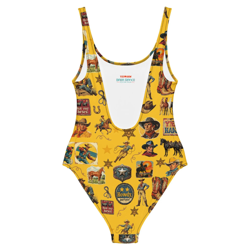 Baha Ranch Yeehaw Vintage Cowboy Collage Mustard One-Piece Swimsuit Baha Ranch Western Wear