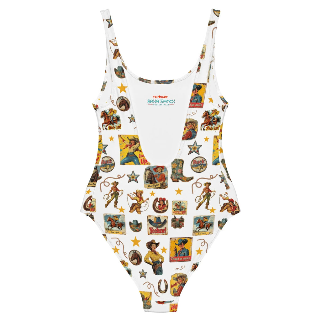 Baha Ranch Yeehaw Vintage Cowgirl Collage White One-Piece Swimsuit Baha Ranch Western Wear