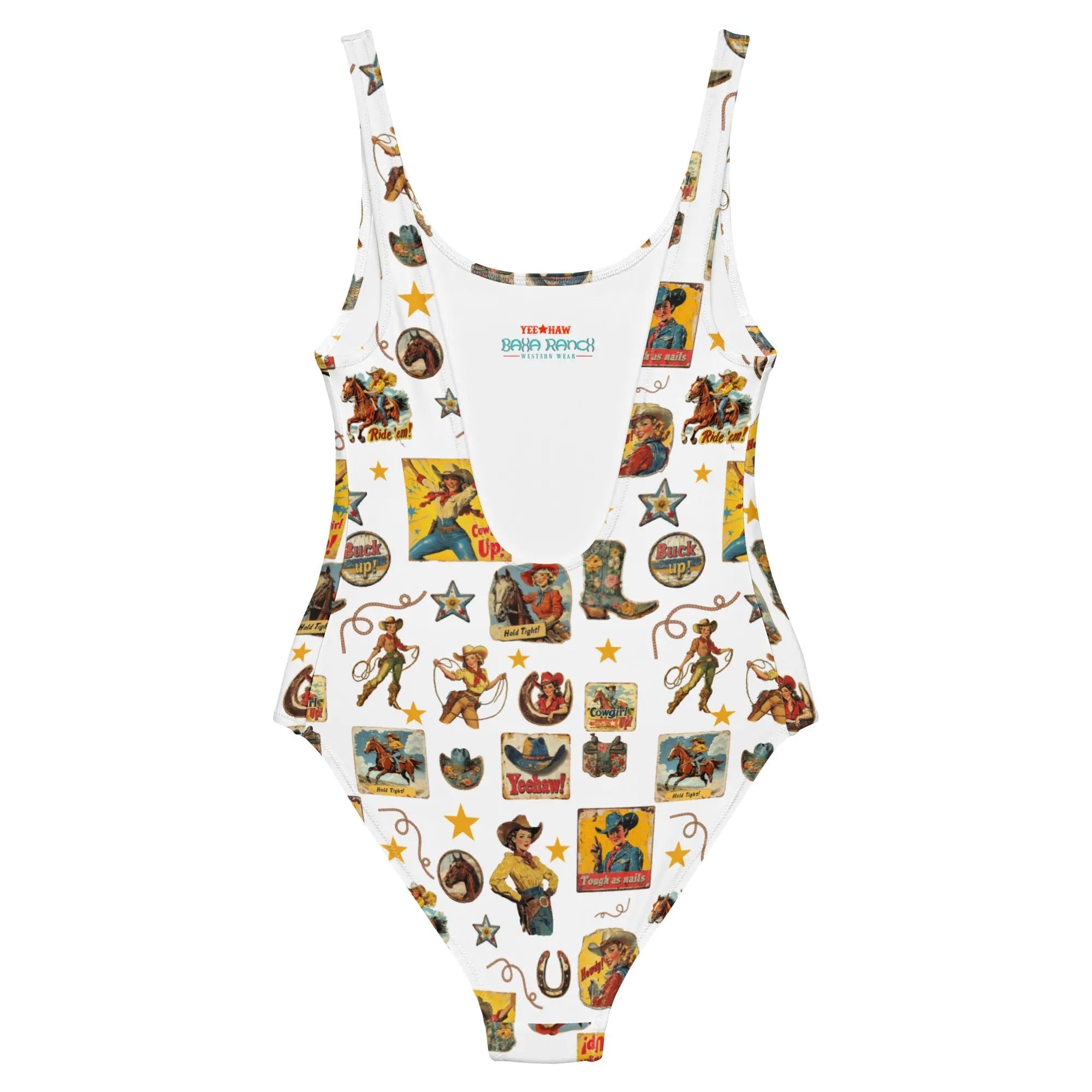 Baha Ranch Yeehaw Vintage Cowgirl Collage White One-Piece Swimsuit Baha Ranch Western Wear