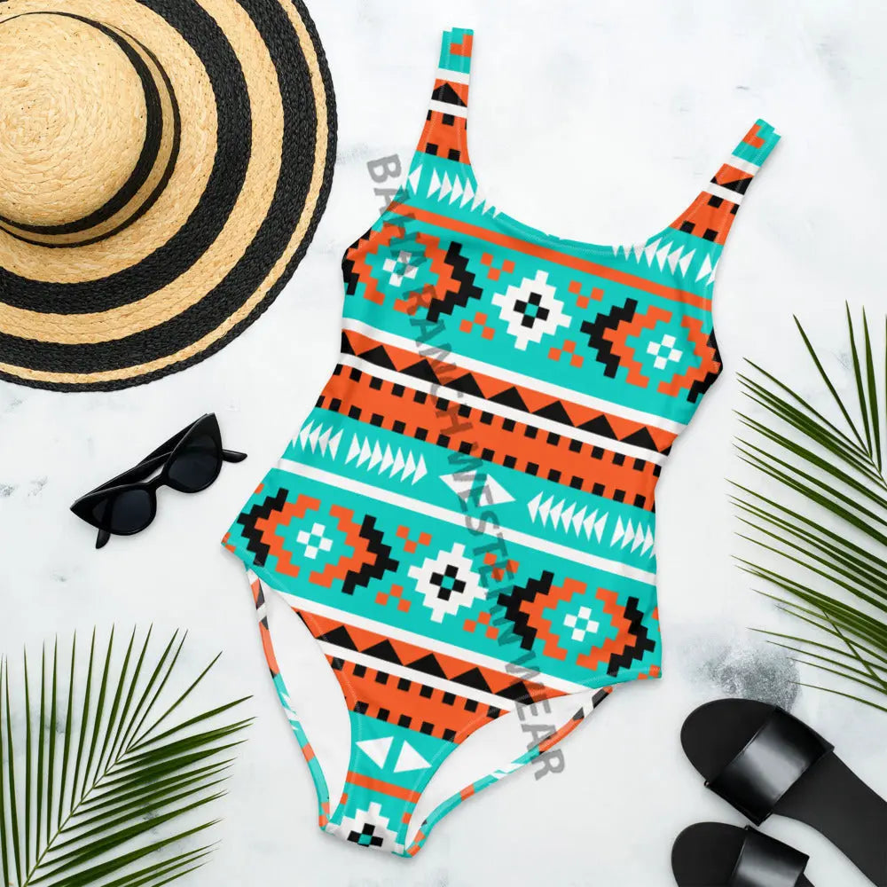 Baha Ranch Yeehaw Turquoise Orange Aztec One-Piece Swimsuit Baha Ranch Western Wear
