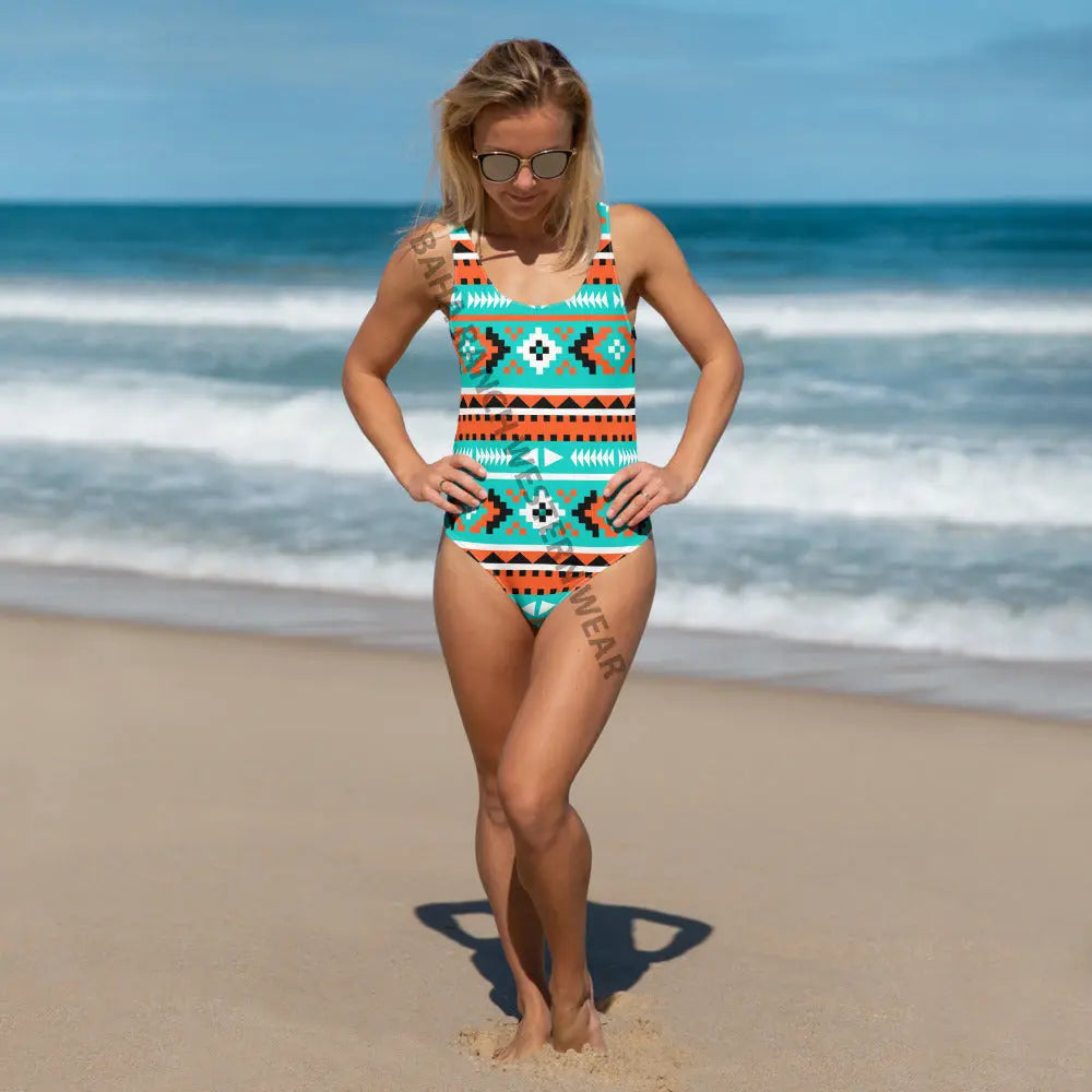 Baha Ranch Yeehaw Turquoise Orange Aztec One-Piece Swimsuit Baha Ranch Western Wear