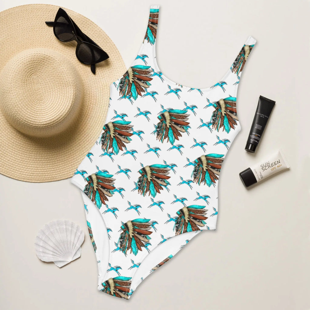 Baha Ranch Yeehaw Turquoise Running Horse Headdress One-Piece Swimsuit Baha Ranch Western Wear