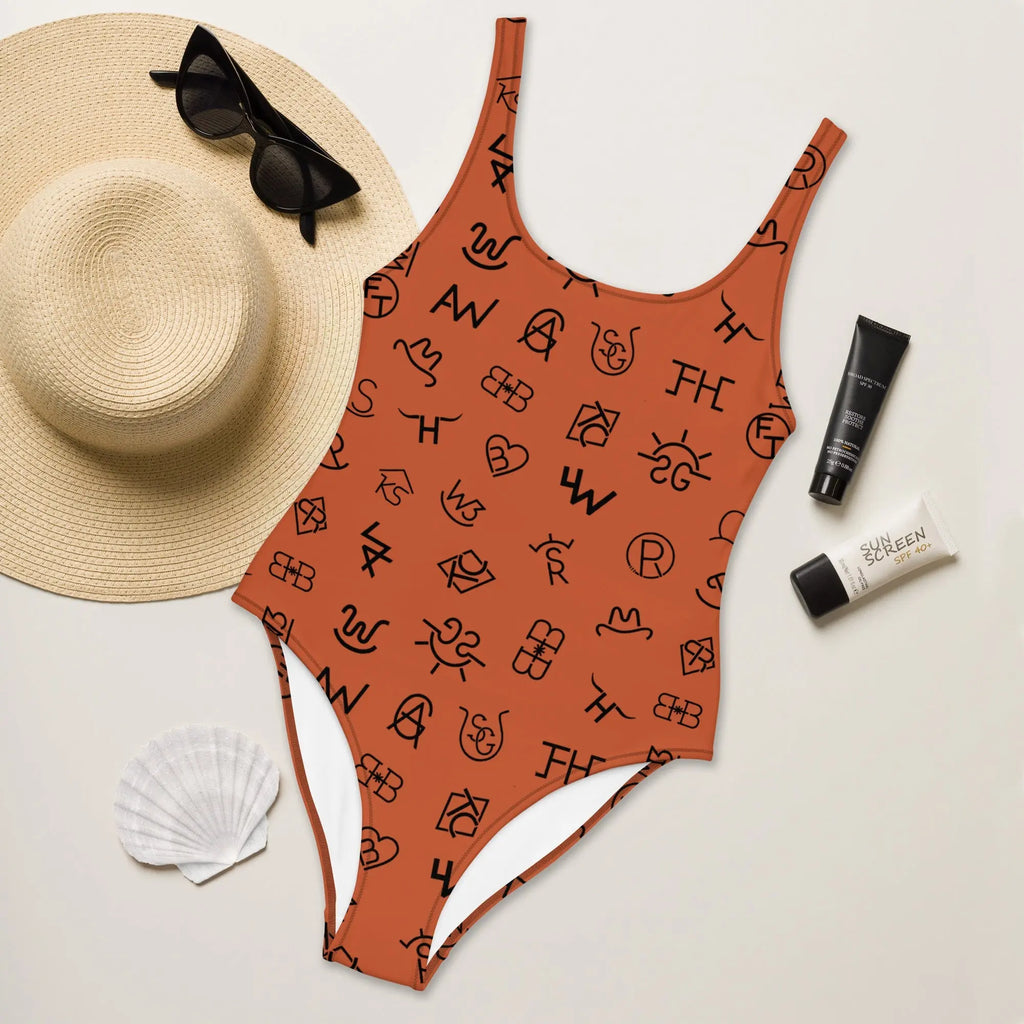 Baha Ranch Yeehaw Brown Cattle Brands One-Piece Swimsuit Baha Ranch Western Wear
