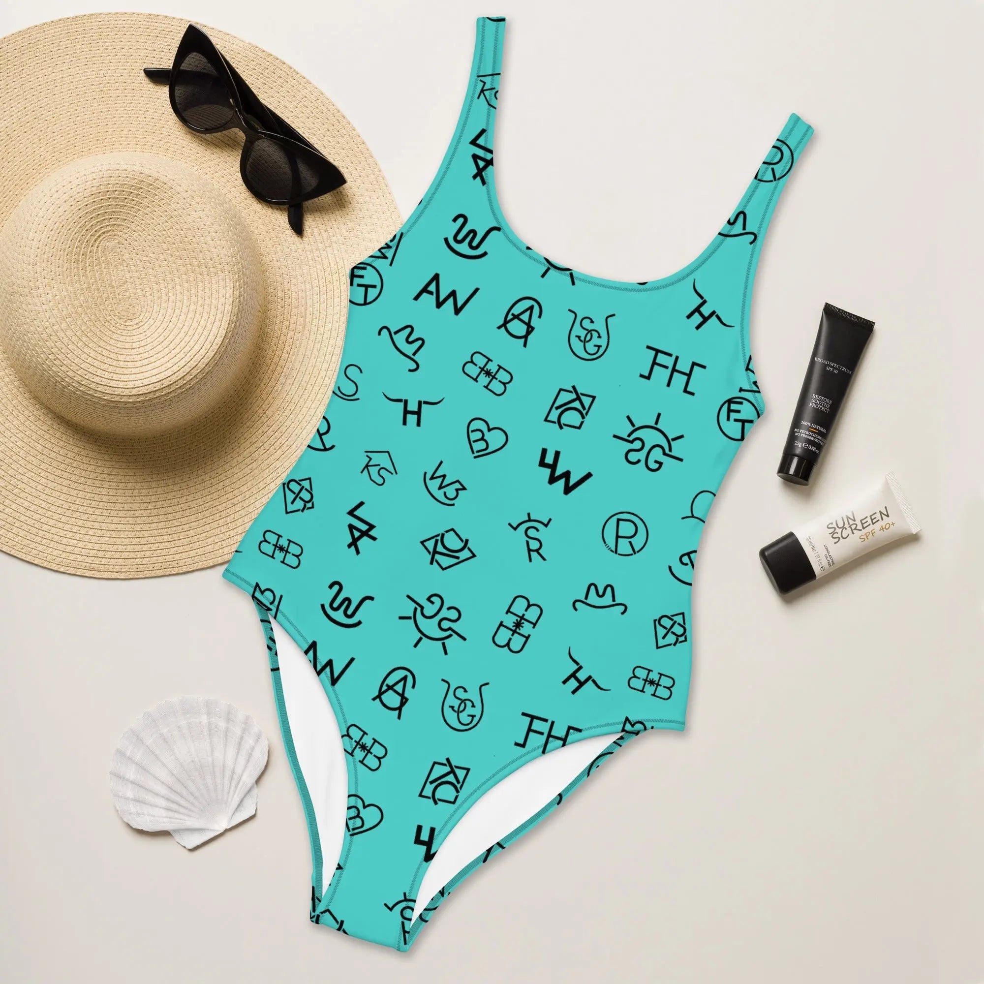 Baha Ranch Yeehaw Turquoise Cattle Brands One-Piece Swimsuit Baha Ranch Western Wear