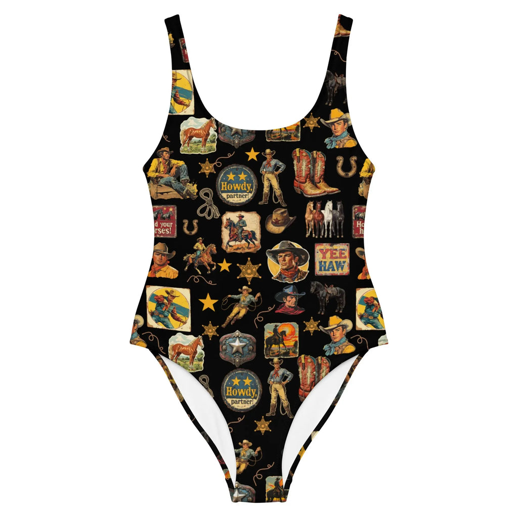 Baha Ranch Yeehaw Vintage Cowboy Collage Western One-Piece Swimsuit Baha Ranch Western Wear