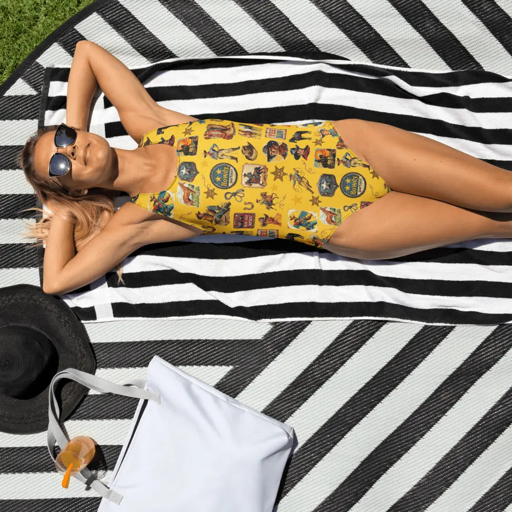Baha Ranch Yeehaw Vintage Cowboy Collage Mustard One-Piece Swimsuit Baha Ranch Western Wear
