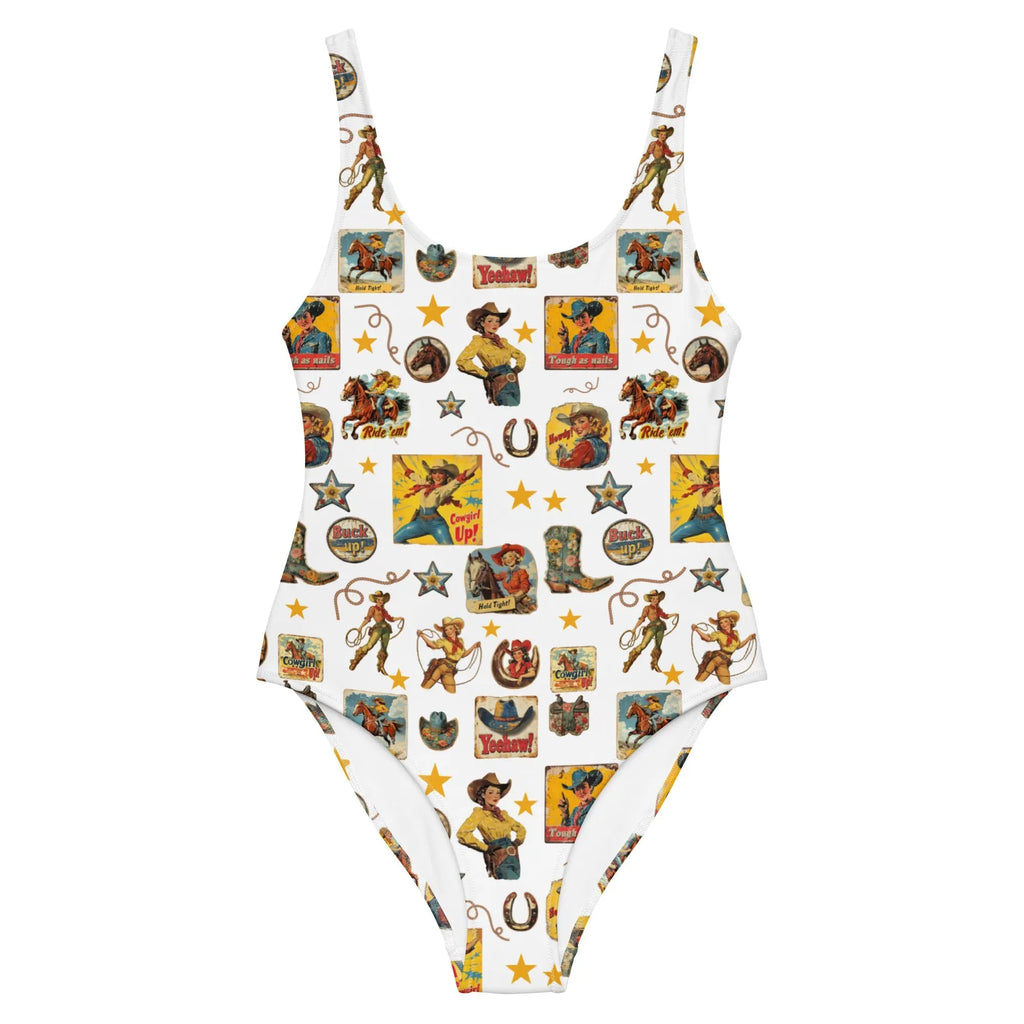 Baha Ranch Yeehaw Vintage Cowgirl Collage White One-Piece Swimsuit Baha Ranch Western Wear