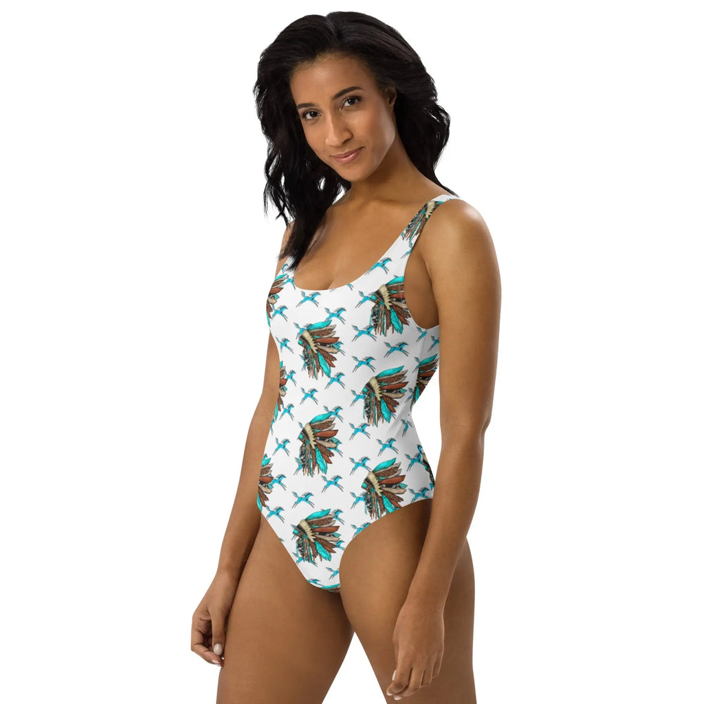 Baha Ranch Yeehaw Turquoise Running Horse Headdress One-Piece Swimsuit Baha Ranch Western Wear