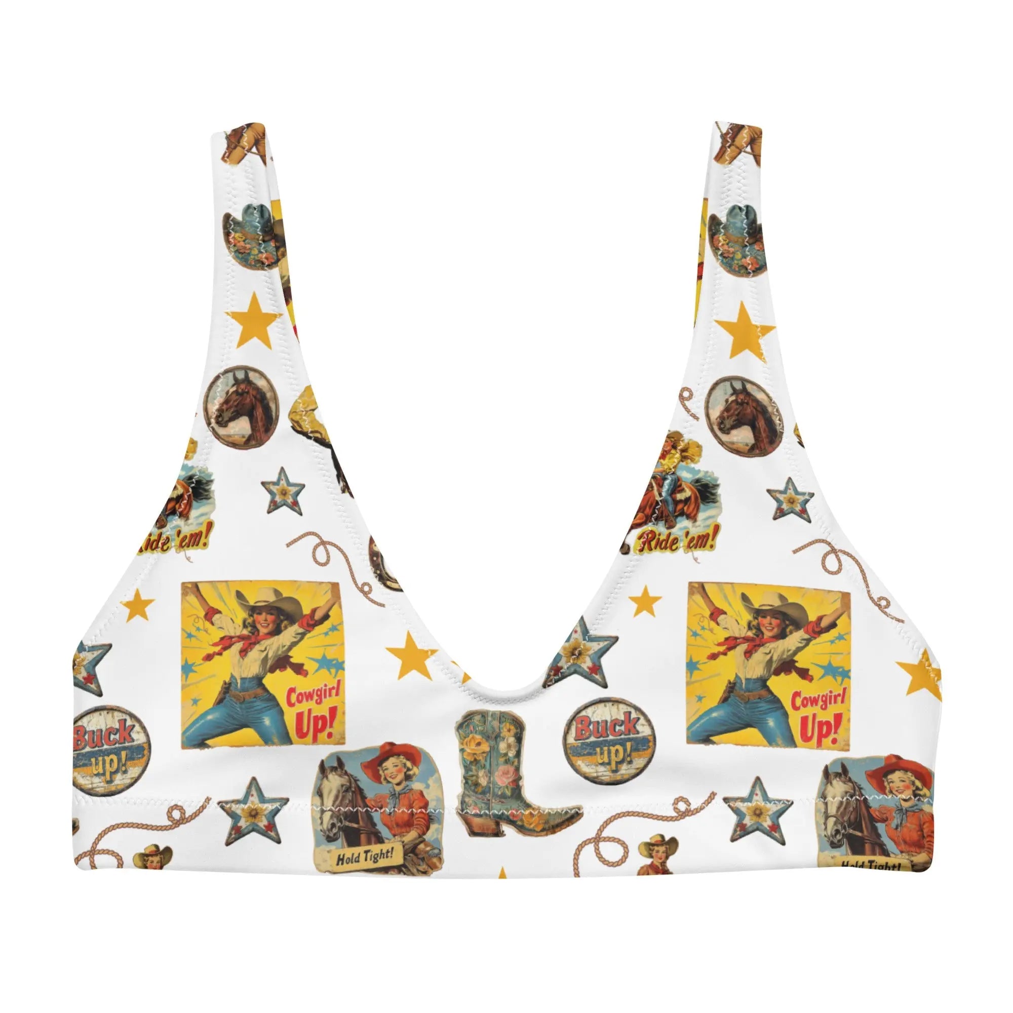 Baha Ranch Yeehaw Vintage Cowgirl Collage White Bikini Top Baha Ranch Western Wear