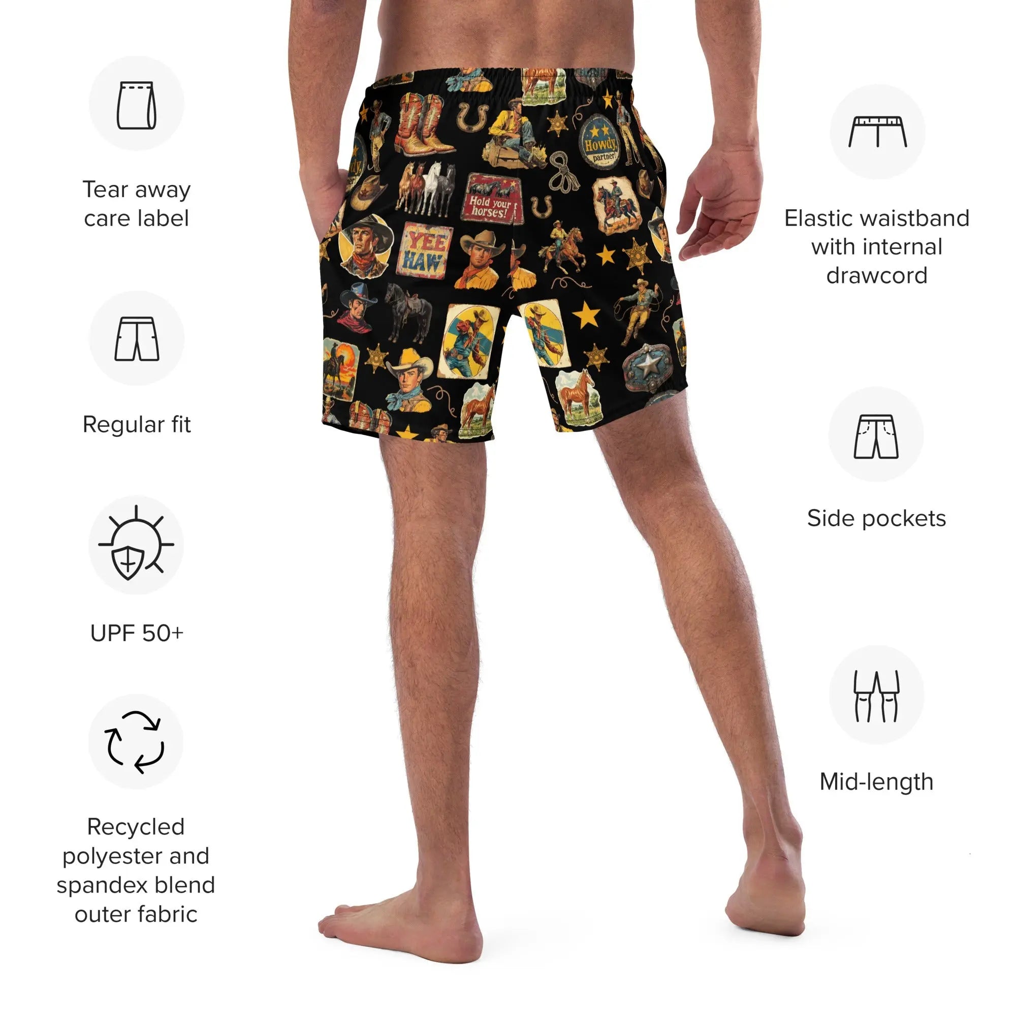 YEEHAW Vintage Cowboy Collage Western Swim Trunks Shorts Baha Ranch Western Wear