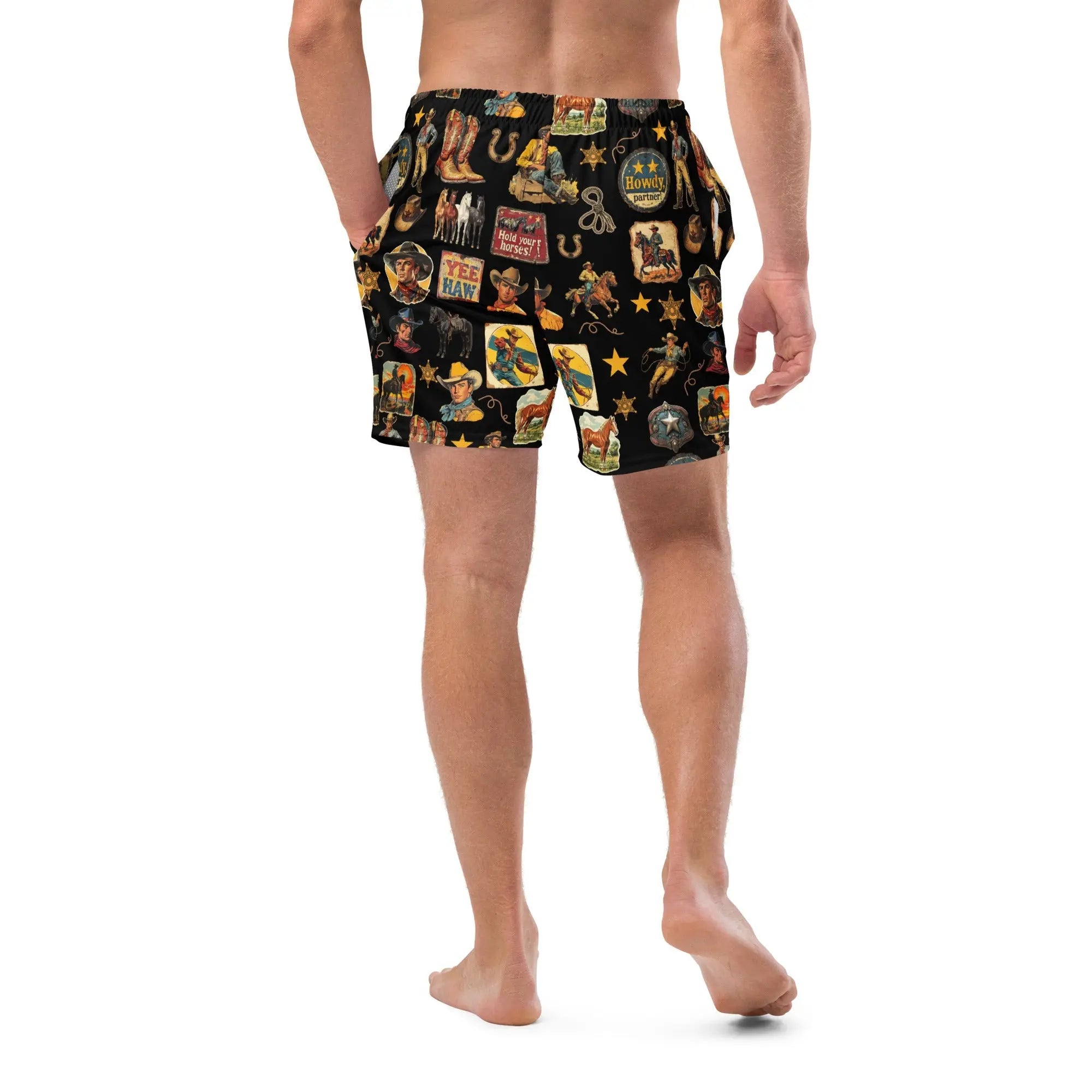 YEEHAW Vintage Cowboy Collage Western Swim Trunks Shorts Baha Ranch Western Wear