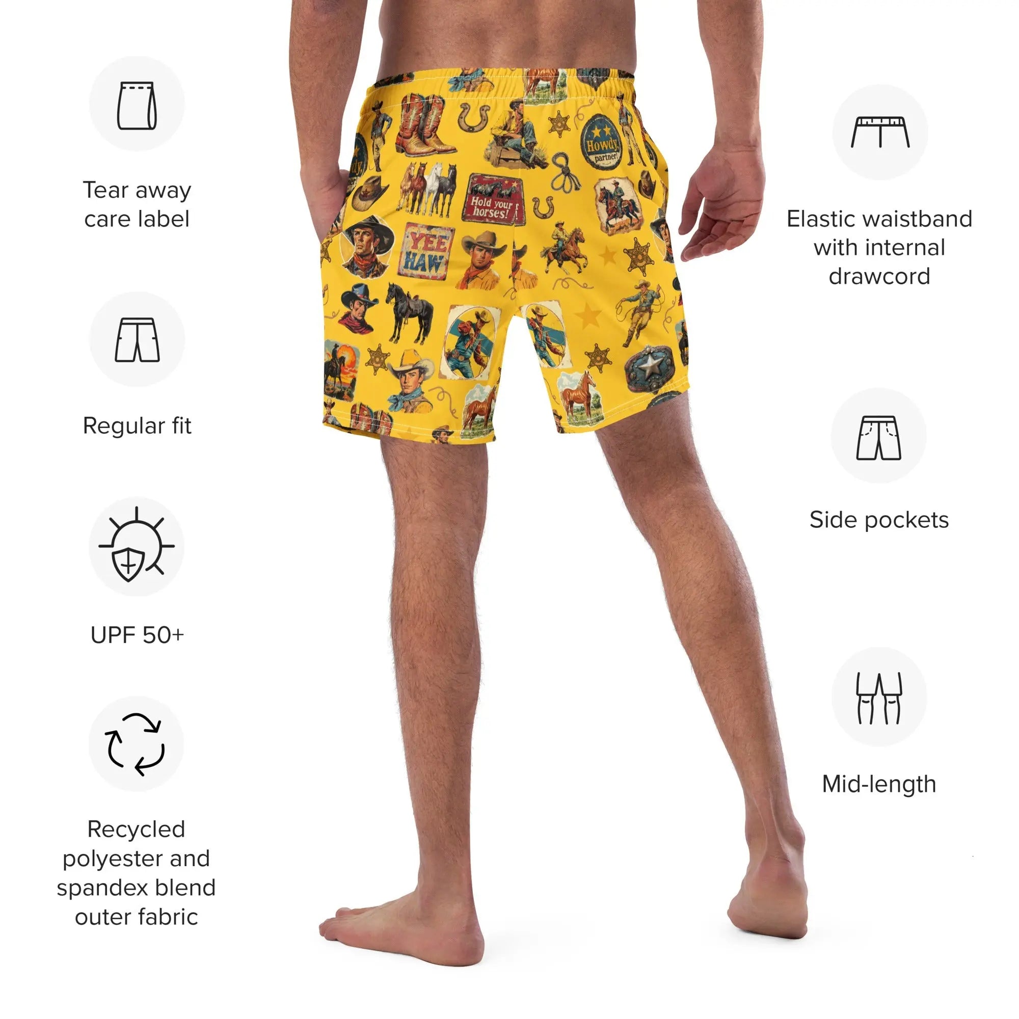 YEEHAW Vintage Cowboy Collage Western Swim Trunks Shorts Baha Ranch Western Wear