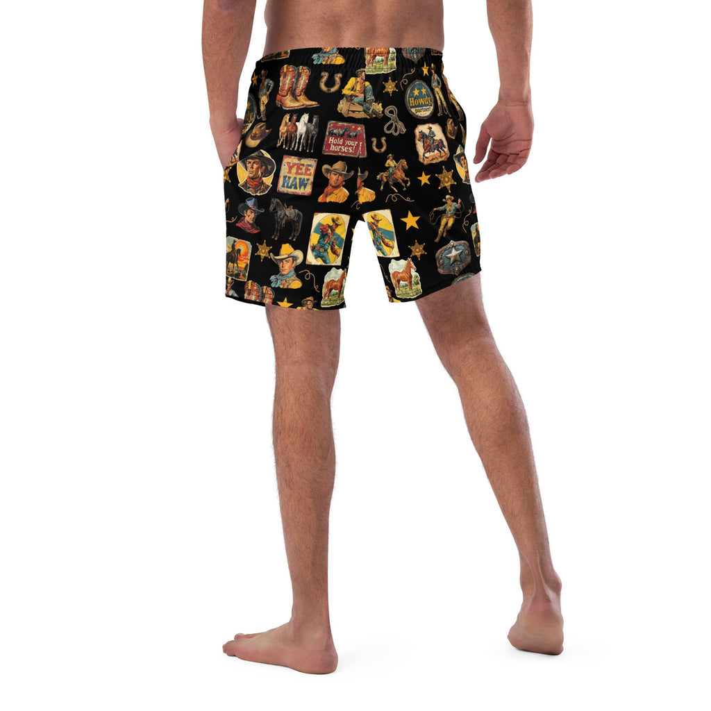 Baha Ranch Yeehaw Vintage Cowboy Collage Swim Trunks Baha Ranch Western Wear