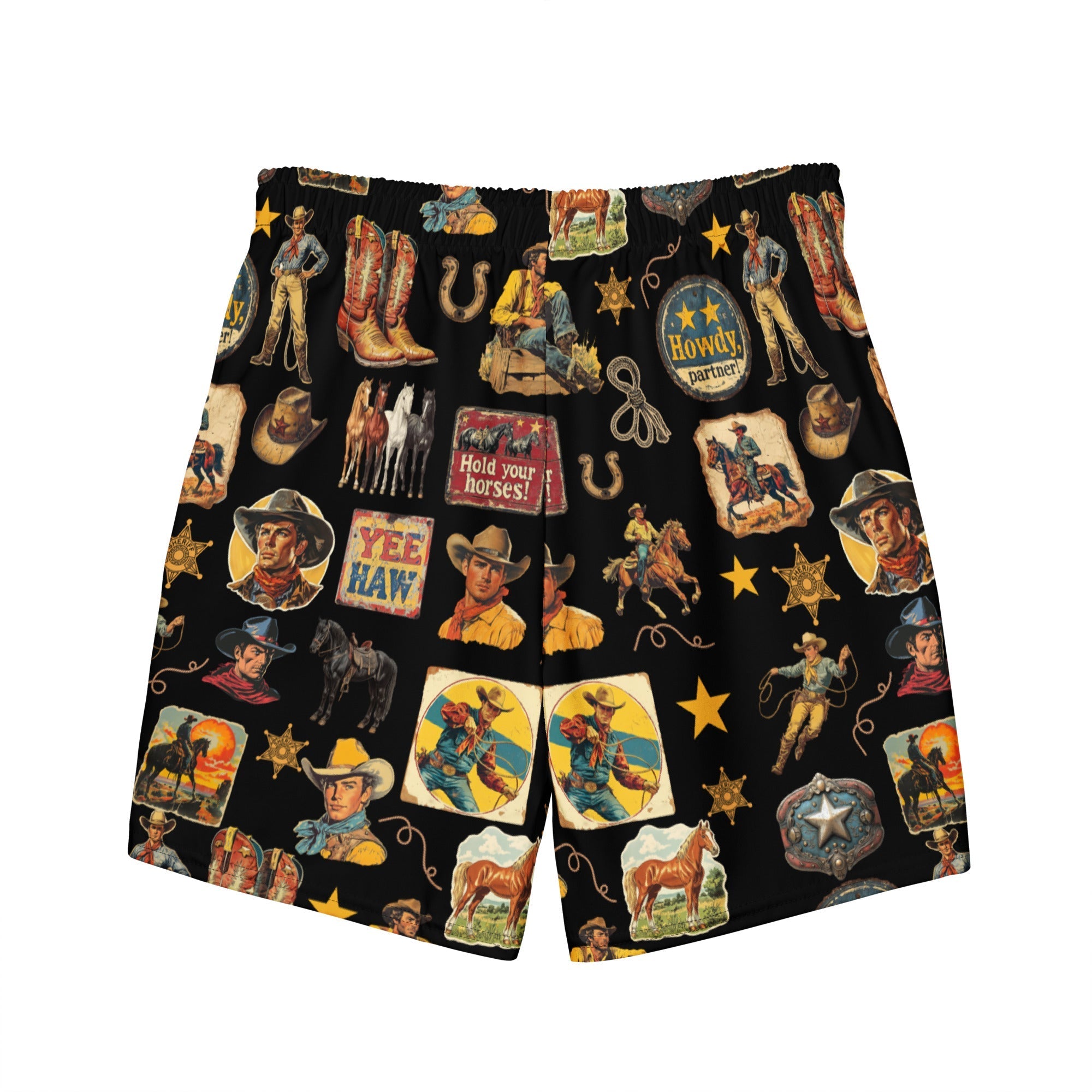 Baha Ranch Yeehaw Vintage Cowboy Collage Swim Trunks Baha Ranch Western Wear