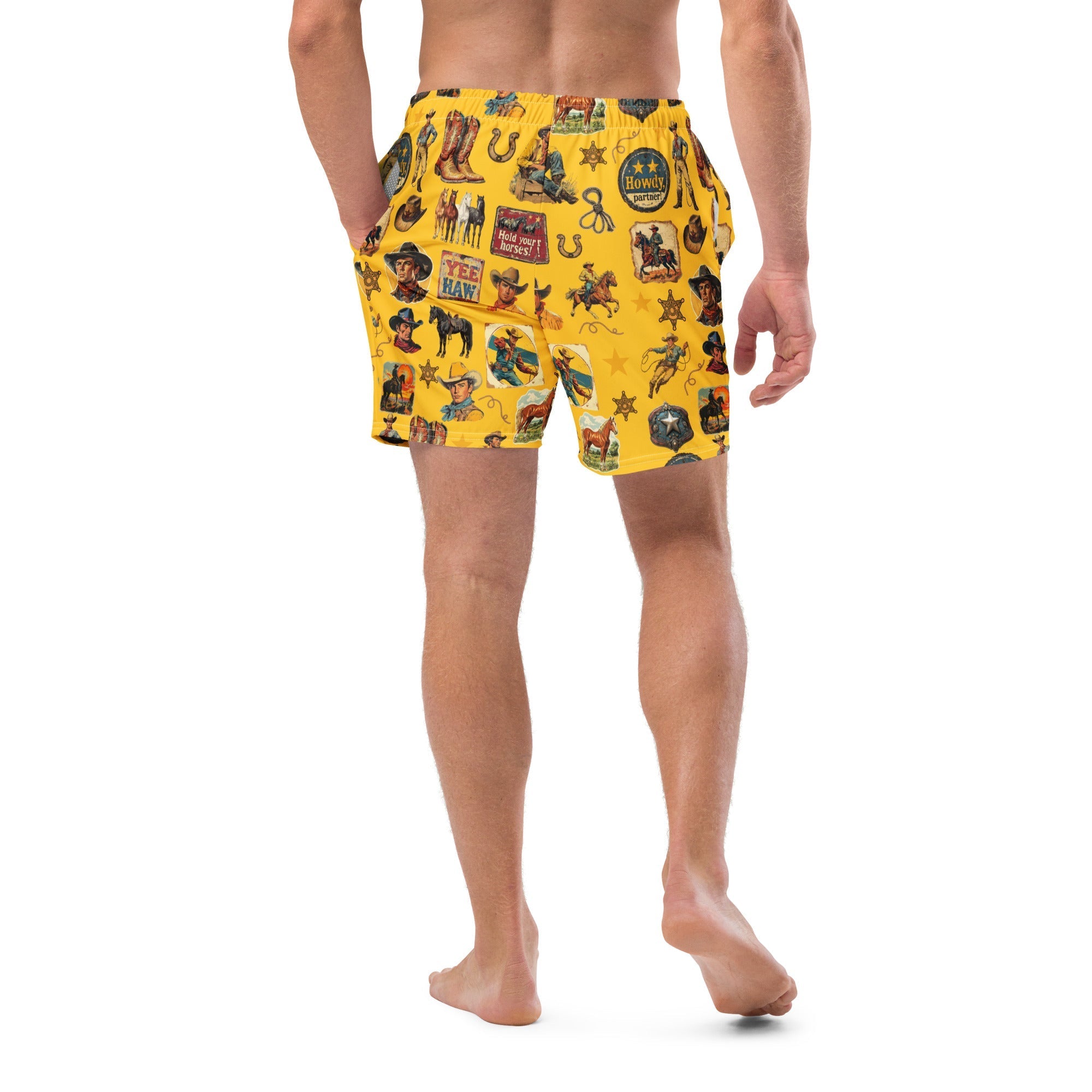 Baha Ranch Yeehaw Vintage Cowboy Collage Mustard Swim Trunks Baha Ranch Western Wear
