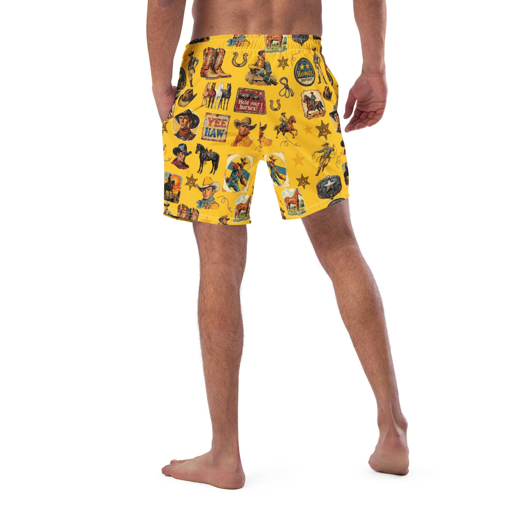 Baha Ranch Yeehaw Vintage Cowboy Collage Mustard Swim Trunks Baha Ranch Western Wear