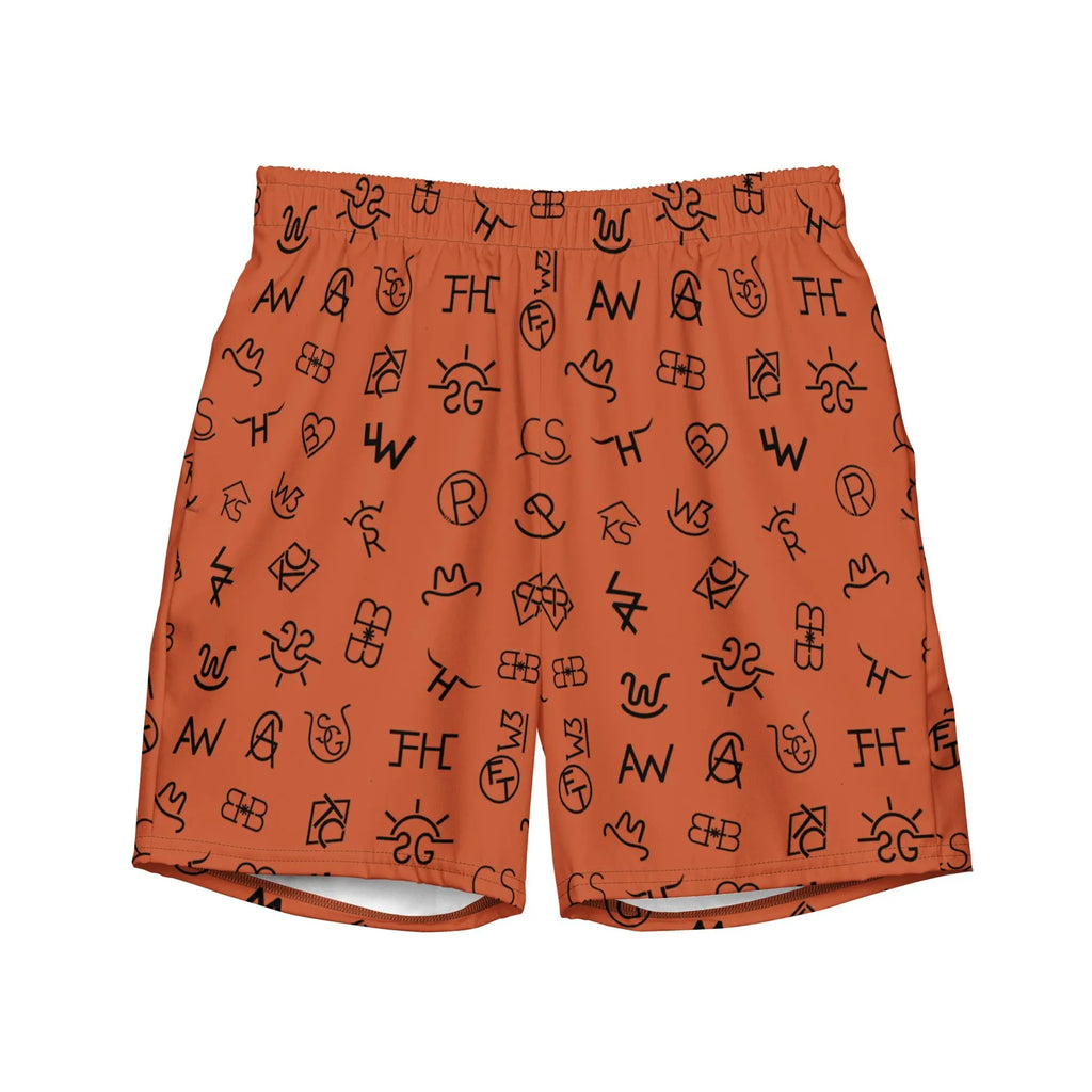 Baha Ranch Yeehaw Brown Cattle Brands Men's Swim Trunks Baha Ranch Western Wear