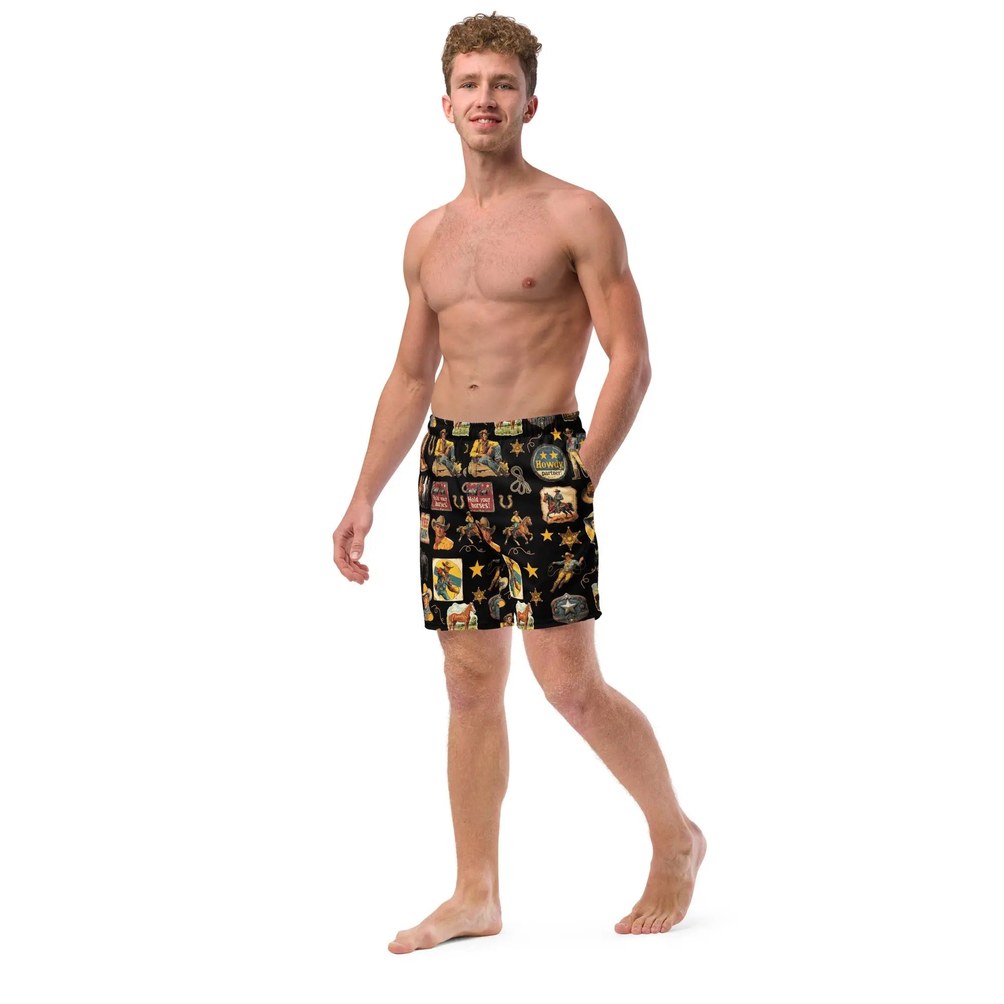 YEEHAW Vintage Cowboy Collage Western Swim Trunks Shorts Baha Ranch Western Wear
