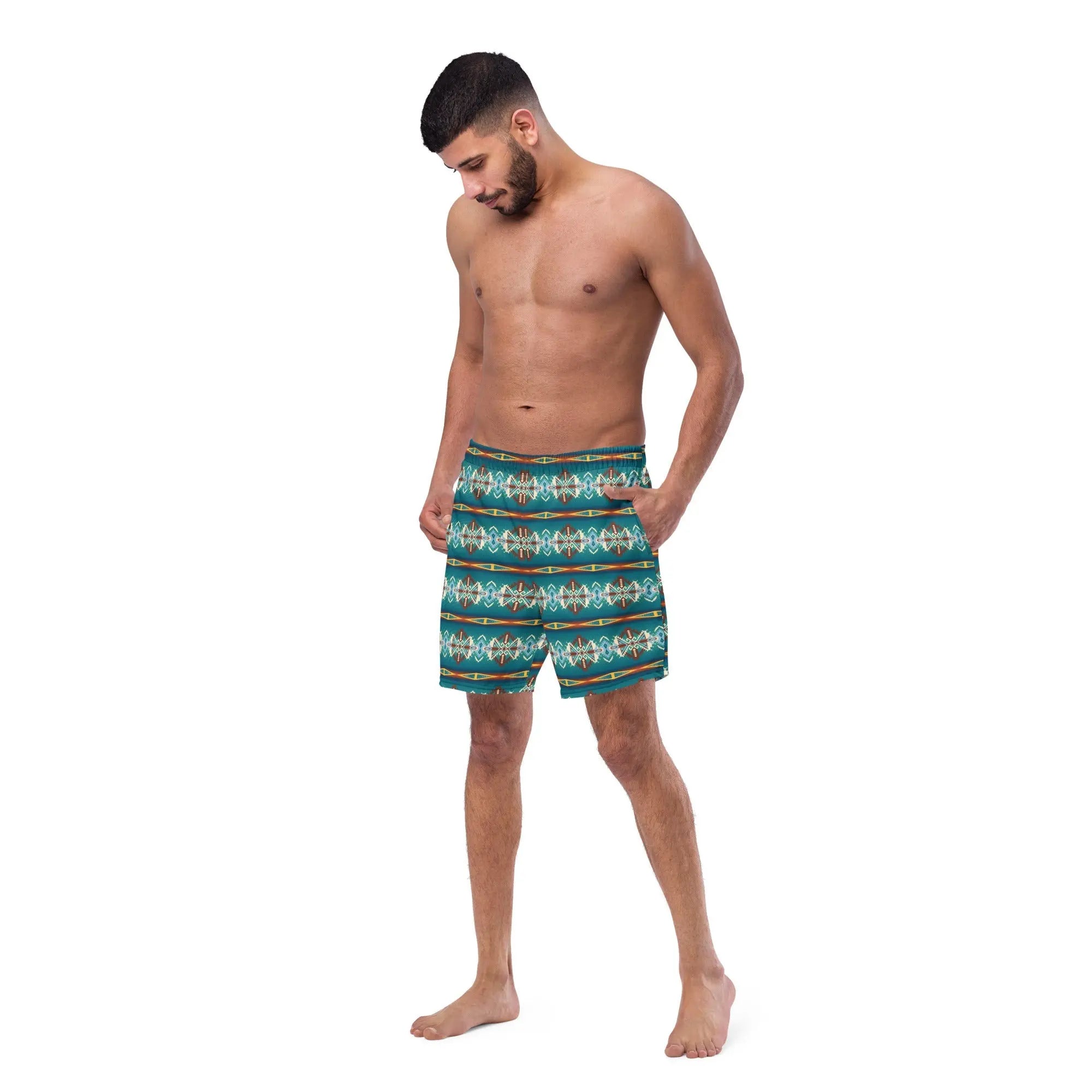 Baha Ranch Yeehaw Teal Aztec Blanket Print Mens Swim Shorts Baha Ranch Western Wear